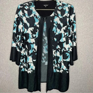 Misook Fly-Away 3/4 Sleeve Abstract Print Open Front Sweater Jacket